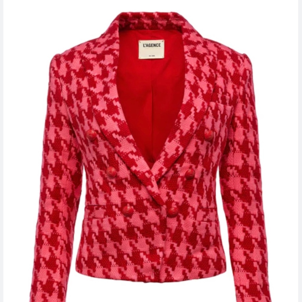 L’ Agence Pink Red Tweed Houndstooth Blazer